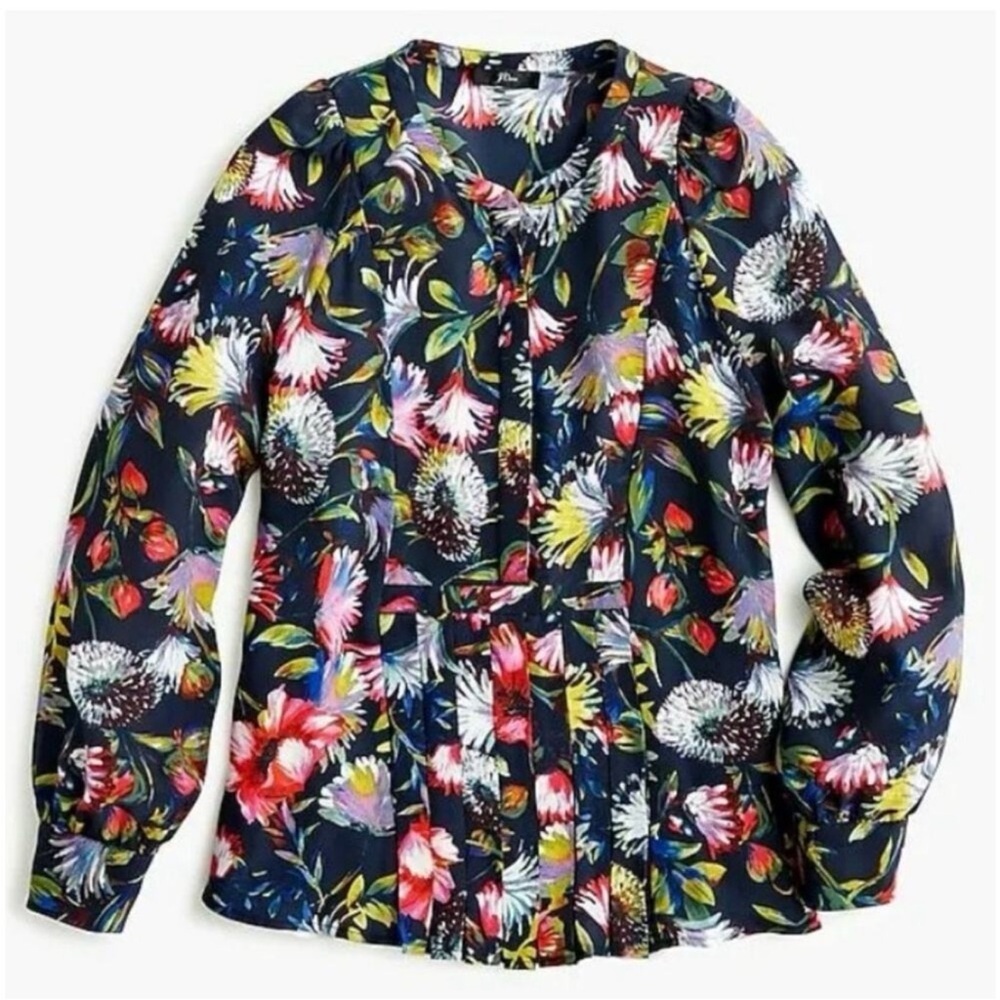J. Crew Silk Floral Pleated Popover Blouse Small